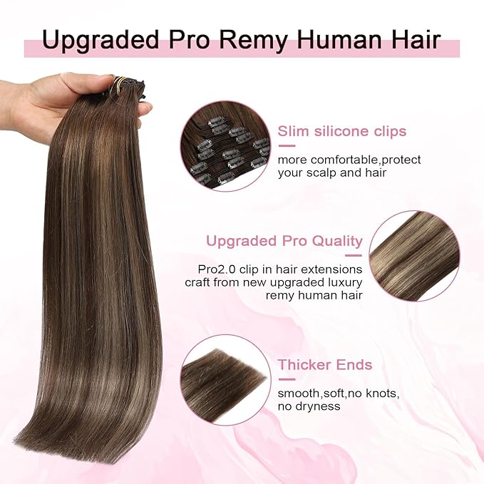Pro2.0 Remy Real Human Hair Extensions Clip ins 120g Thick 7pcs #4/27/4 Chocolate Brown to Caramel Blonde Remy Clip in Hair Extensions Real Human Hair 16inch Double Weft（#4/27/4-16inch）