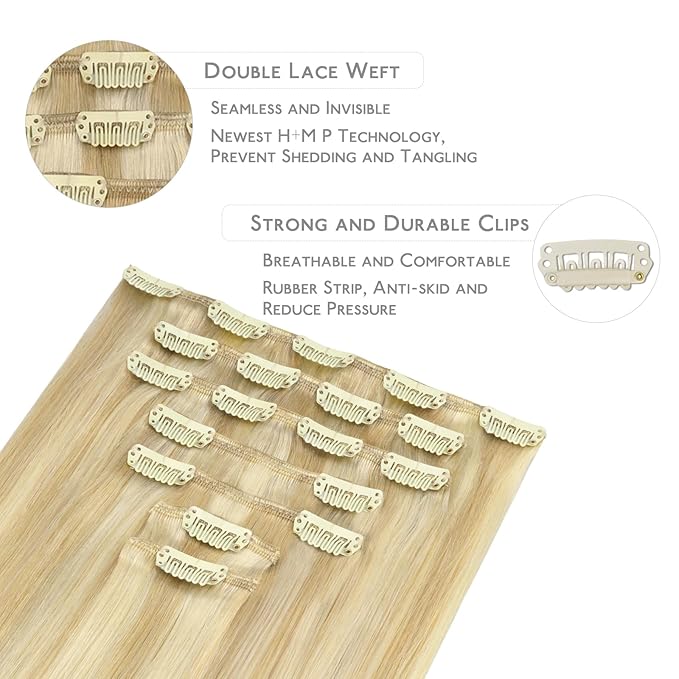 WENNALIFE Clip in Human Hair Extensions, 22 Inch 120g 7pcs Light Blonde Highlighted Golden Blonde Hair Extensions Clip In Human Hair Remy Human Hair Double Weft