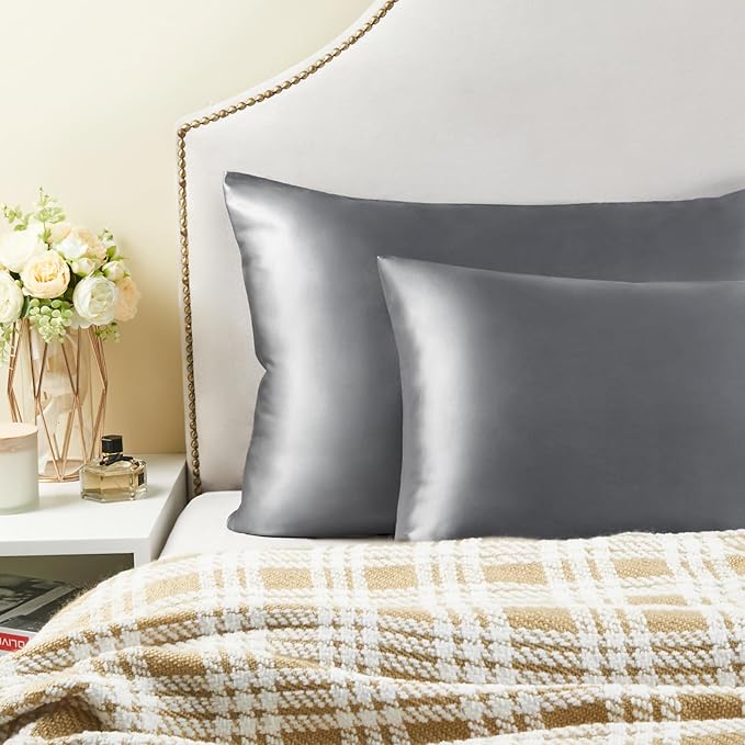BEDELITE Satin Pillowcase with Zipper 4 Pack, Dark Grey Pillow Cases Standard Size, Super Soft and Cooling Similar to Silk Pillow Cases, Gift for Women Men(20x26 Inches)
