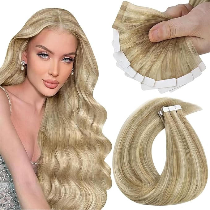 Sunny Hair Tape in Hair Extensions Real Human Hair Invisible Remy Hair Extensions Tape ins for Women Dark Honey Blonde Highlight Medium Blonde 20 inch 25G