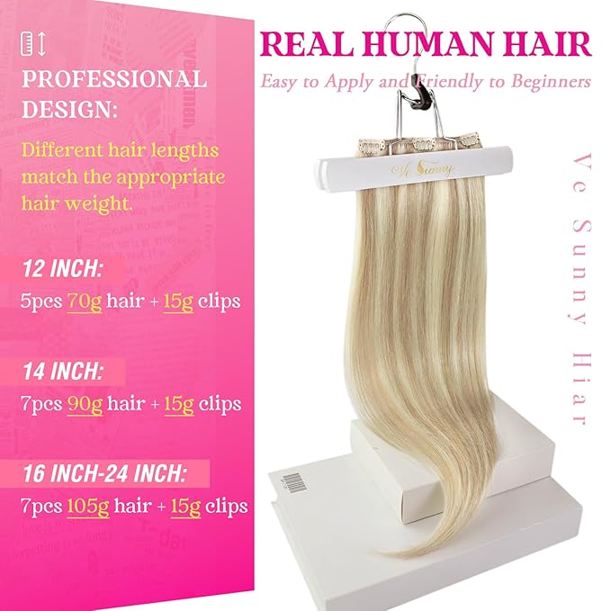 Ve Sunny Hair Extensions Clip ins Double Weft Real Hair Extensions Clip in Human Hair Highlight Blonde Clip in Hair Extensions for Women 20inch 120g