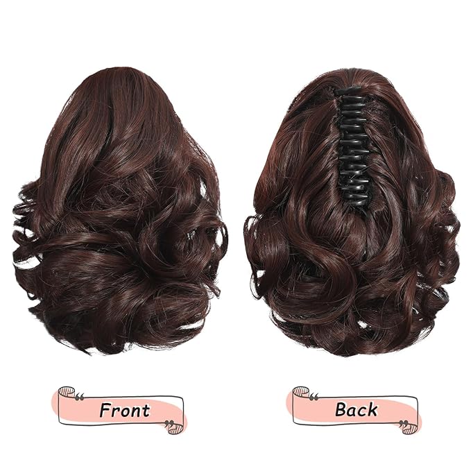 Ponytail Extension, Clip on Ponytails for Women, 9" Claw Clip in Short Curly Wavy Pony Hair Extension for Women - Brunette
