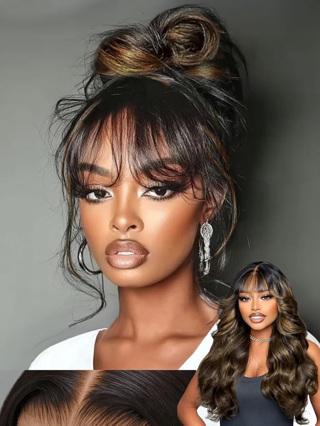 KLAIYI Ombre Brown Loose Body Wave Bye Bye Knots Glueless Precut 7x5 HD Lace Front Human Hair Bang Wig Drawstring Highlight Balayage Brown Pre Plucked Bleached 30S Ready to Wear and Go Wig 180% 24Inch