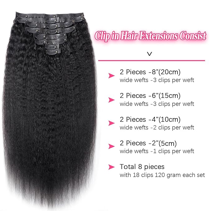 Seamless Clip In Hair Extensions Real Human Hair Invisible PU Weft Kinky Straight Clip Ins Human Hair Extensions 8pcs with 18Clips Per Set 120g(26inch,Natural Black)