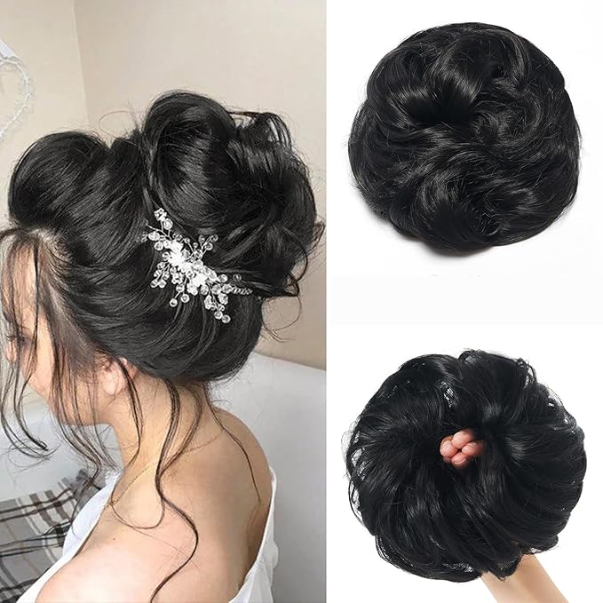 Large Messy Bun Hair Piece Curly Synthetic Extensions Scrunchies Fake Chignon Updo Hairpieces for Women Off Black
