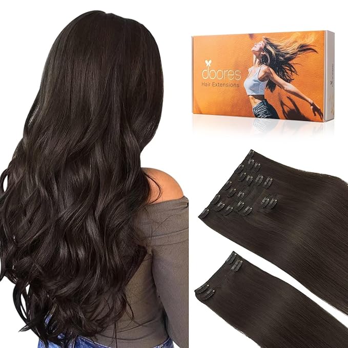 DOORES Human Hair Extensions Clip in, Dark Brown 150g 9pcs 16 Inch, Hair Extensions Real Human Hair Clip ins Remy Clip in Hair Extensions Human Hair Natural Straight Thick Hair