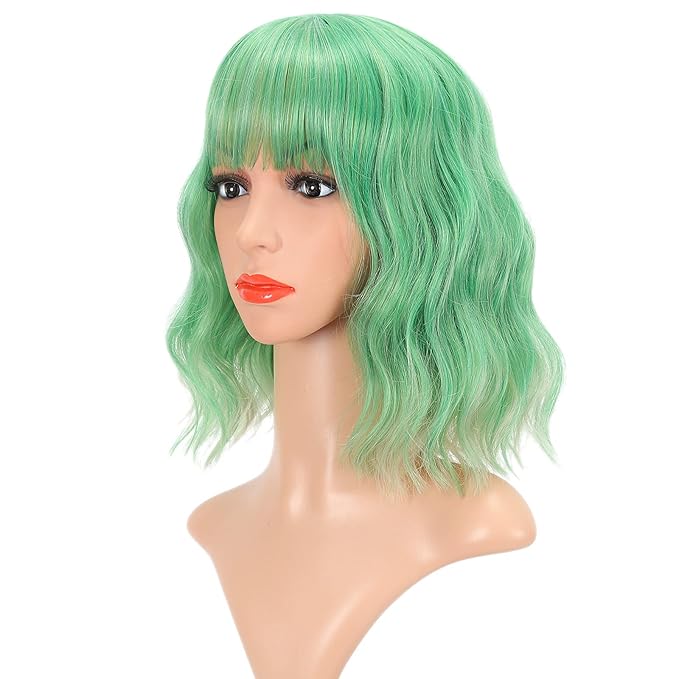 FAELBATY Green Wig Short Bob Wigs With Air Bangs Shoulder Length Wig For Women Curly Wavy Synthetic Cosplay Wig for Girl Costume Wigs (12" green color)
