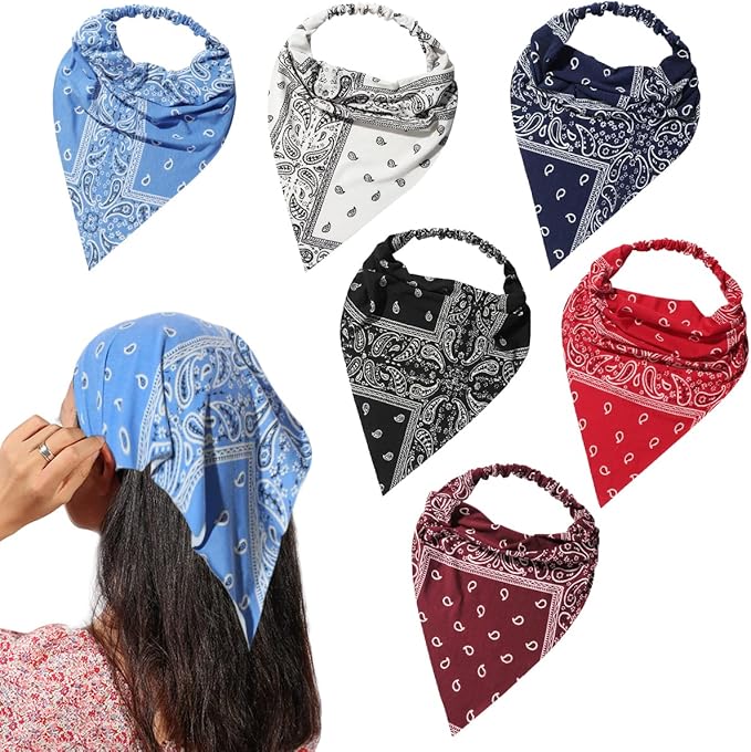 6 Pack Hair Scarf Headband for Women Elastic Bandana Head Scarf Large Boho Triangle Kerchief with Clips Non Slip Scarves