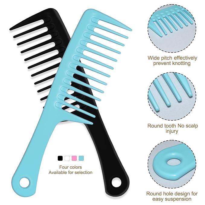 MODENGKONGJIAN 4PCS Wide Tooth Comb, Large Hair Detangling Comb Styling Comb for Curly, Wet, Long Hair with Handgrip (Black & Pink)