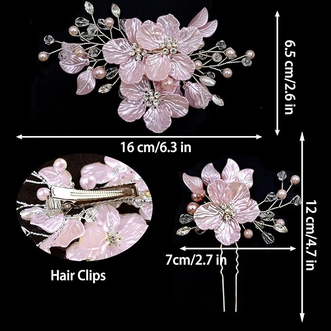 3 PCS Large Flower Bridal Wedding Hair Pins Crystal Pearl Hair Clips Headpiece Bride Hair Accessories Jewelry with Rhinestone, Glitter Emboss Pink Flower