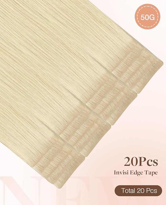 GOO GOO Invisi Edge Tape in Hair Extensions Human Hair, 613R Bleach Blonde, 20pcs 14inch 50g, Virgin Remy Hair, Seamless Injected Tape, Natural Look