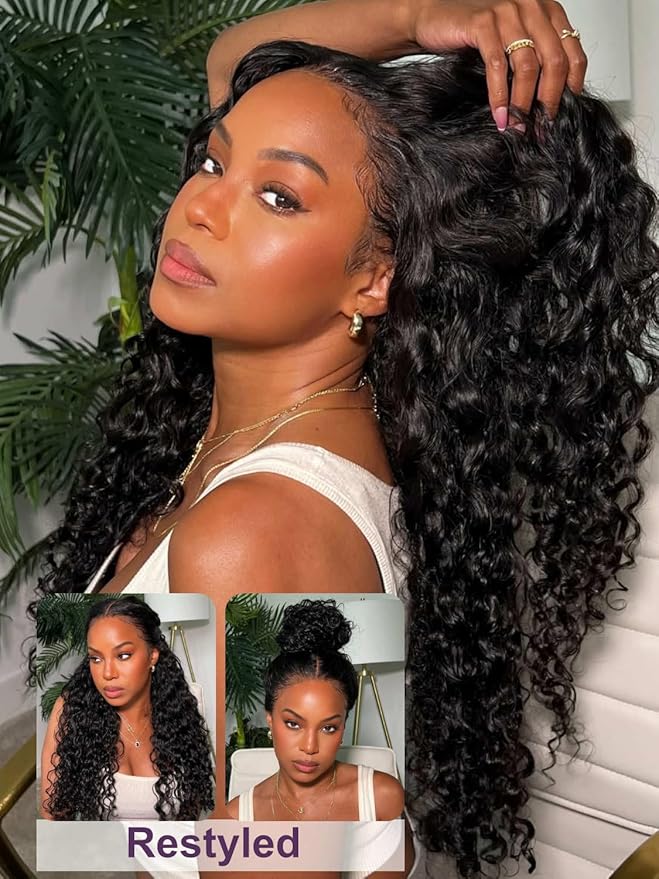 YIROO Bye Bye Knots Glueless Water Wave and Jerry Curly Drawstring Wig Human Hair, 7x5 Pre Cut Lace Front Glueless Wigs Pre Bleached Pre Plucked Wear and Go Wig for Women 150% Density 26Inch