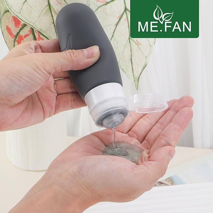 ME.FAN Travel Bottles for Toiletries, TSA Approved 3oz Travel Size Containers, Silicone Squeezable Portable Split Bottle, Travel Accessories for Conditioner, Shampoo, Lotion- 4 Pack Gery
