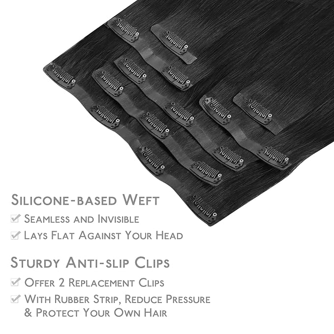 WENNALIFE Seamless Clip In Hair Extensions, 16 Inch 130g 7pcs Jet Black Hair Extensions Clip in Human Hair Invisible PU Skin Weft Natural Remy Human