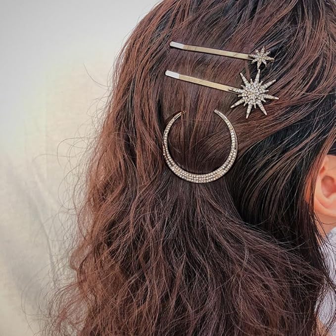 mdgfge 6 Pieces Rhinestone Stars Moon Hair Clips Vintage Star Hairpins Crystal Decorative Bobby Pins Metal Alloy Hair Pins Snowflake Side Clip Hair Accessories for Women (Silver, Gold)