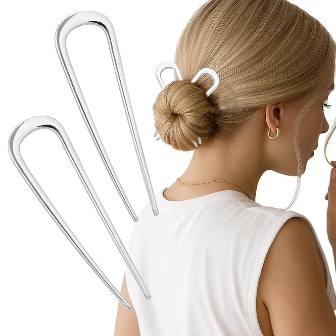 2PCS 4.2Inch French Hair Pins U-Shaped Pins for Women and Girls Fashion Metal Hair Pin French Twist Hair Pins for Buns, Updos,Stylish and Functional(set1-rabbit-silver)