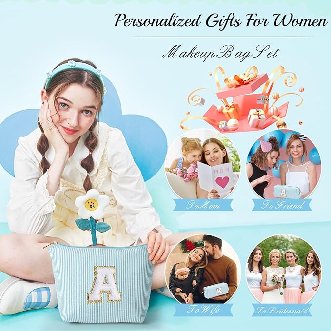 YOOLIFE Birthday Gifts for Women Her - Personalized Cute Initial Cosmetic Makeup Pouch Make Up Travel Bag for Mothers Day Gifts Teacher Sister Friend Girlfriend Mothers Day Gifts for Mom D