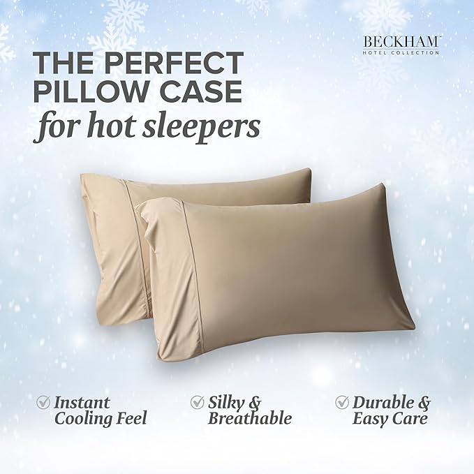 Beckham Hotel Collection Cooling Pillowcases for Hot Sleepers, King Size Set of 2, Cool Bedding, Envelope Closure, Silky Soft, Breathable, Moisture-Wicking, Sand