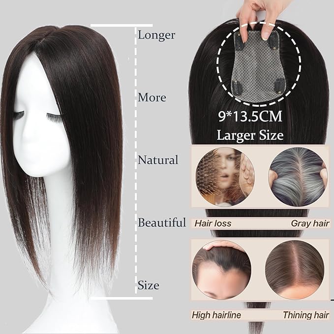 Hair Toppers for Women Real Human Hair, 360° 3D Human with Thinning Upgrade Middle Part Clip in Bangs Topper Hair Pieces for Women Daily (Mocha Brown, 14 Inch-3D-Side)