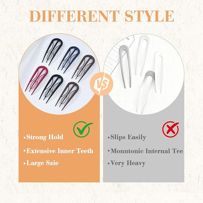 6 PCS French Hair Pins for Women - Large U-Shaped Hair Forks with Internal Teeth, Strong Hold for Thick & Thin Hair, Effortless French Twists, Updos, Buns & Chignons, Hairstyle Accessories