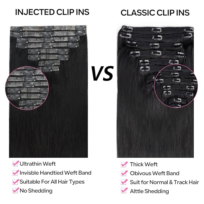 Injected Clip in Hair Extensions Real Human Hair Invisible Hand-Tied Weft Hair Extensions Clip in Human Hair Straight Seamless Clip ins for Women 8Pcs 120g 24inch #1B Natural Black