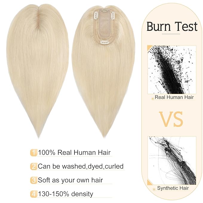 SEGO Hair Toppers for Women Real Human Hair With Bangs, 7 * 13CM Silk Base 100% Remy Human Hair Clip in Top Wiglet Hairpieces Add Volume /18 Inch Platinum Blonde
