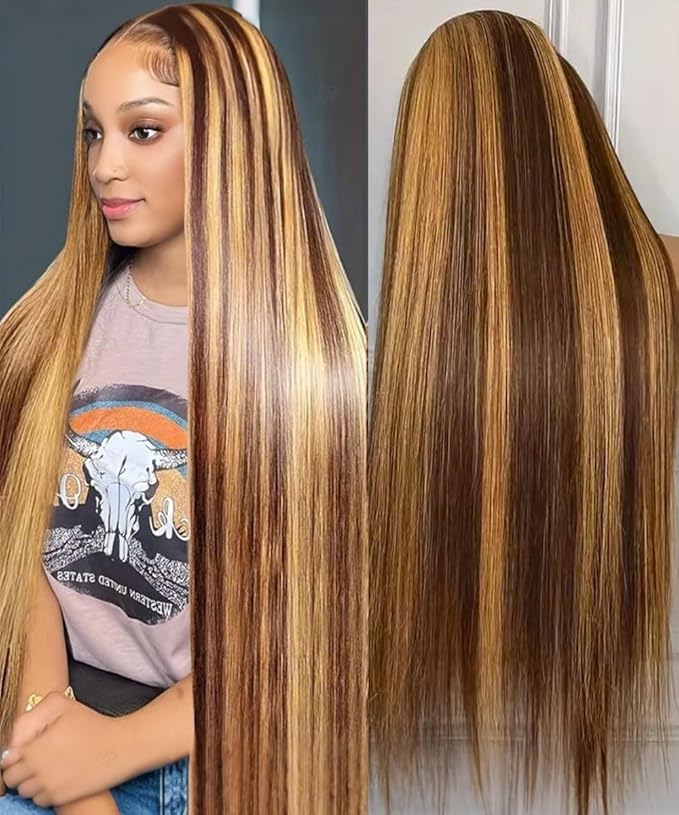 34 Inch Honey Blonde Ombre Lace Front Wig Human Hair 200 Density 13x6 HD Lace Frontal Wigs Pre Plucked Highlight Brown 4/27 Colored Straight Wigs Human Hair Pre Plucked Tangle-Free