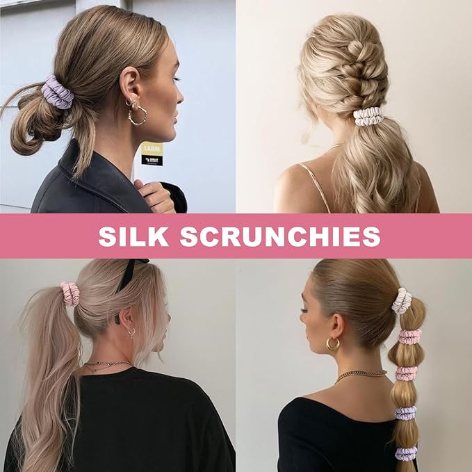 6Pcs Silk Hair Ties Small 22 Momme 100% Pure Mulberry Silk Scrunchies for Women Girls Thin Skinny Hair Sleep Scrunchies No Damage(Color 11)