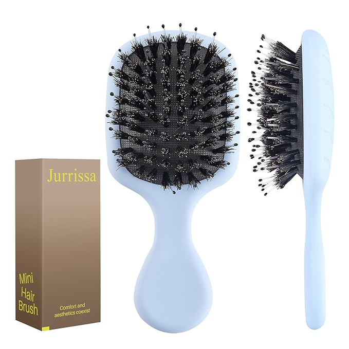 Mini Boar Bristles Hair Bursh, Travel Size Hair Brush for Women Men Kids, Protable Small Hair Brush for Pockets Purses, Mini Detangler Brush for Smooth Add Shine(Blue)