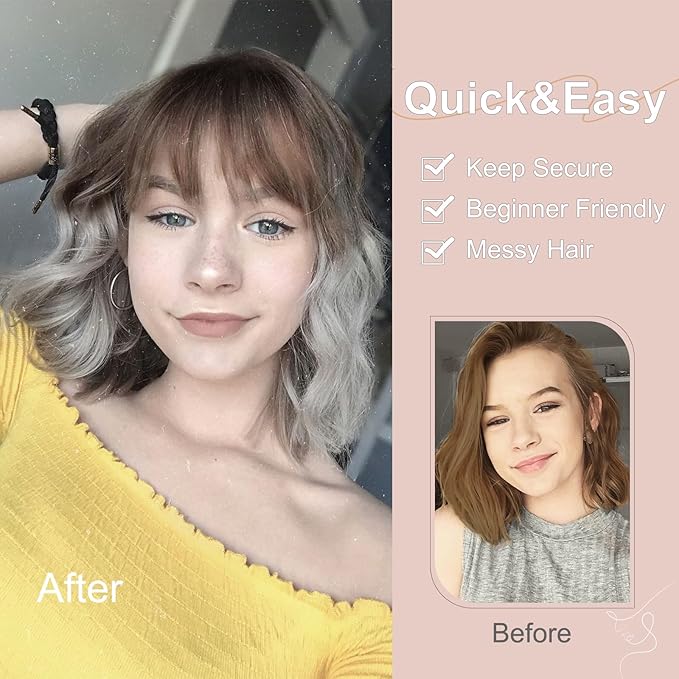 MISSQUEEN Short Ombre Silver Wigs for Women Grey Wavy Bob Wig with Bangs Medium Length Synthetic Hair Water Wave Dark Roots Wig Gray Colorful Wigs