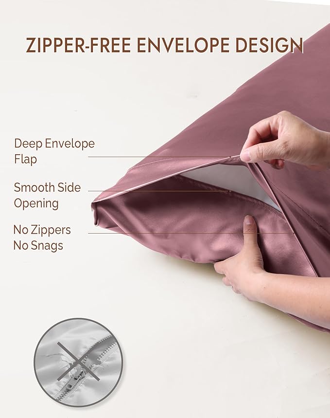 SilkSilky 100% Mulberry Silk Pillowcase - Pure 22 Momme High-Grade 6A Fibers for Hair & Skin, Envelope Closure, Natural, Organic, Breathable & Cooling Pillow Case (Queen, Pale Mauve)
