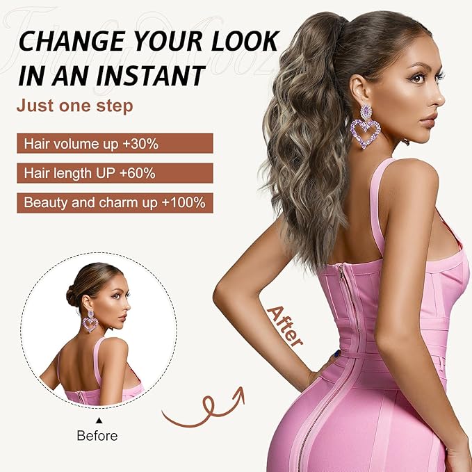 FLUFYMOOZ Ponytail Extension, 18 Inch Claw Clip Ponytail Extension, Wavy Curly Claw Clip in Ponytail Hair Extensions, Natural Fake Ponytail Synthetic Hairpiece for Women (Copper Red)