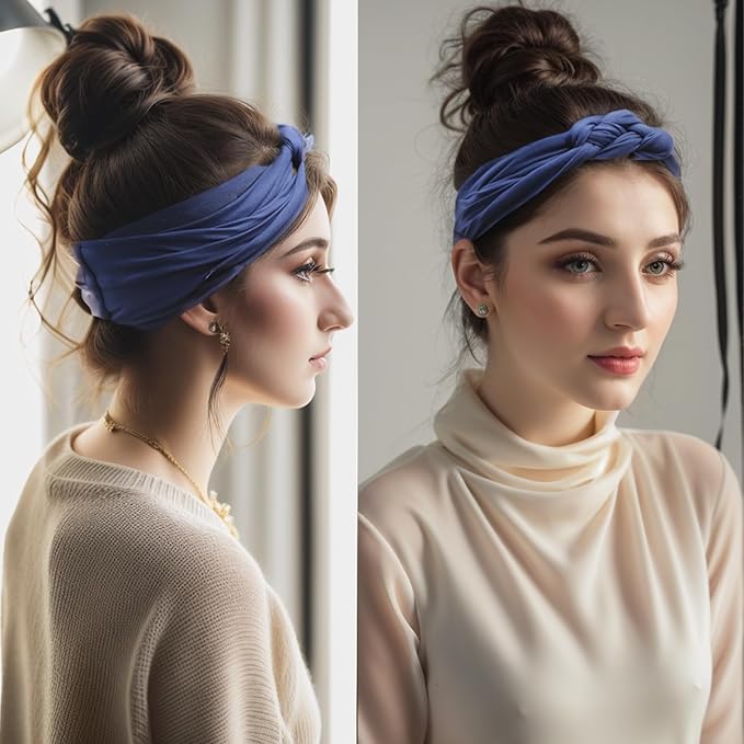 Vercret Headbands for Women Wide Sailor Knot Braided Headband Adjustable Hair Bands Non Slip for Girls Boho Stretchy Turban Headwrap Yoga Workout, Solid Color, 6Pcs