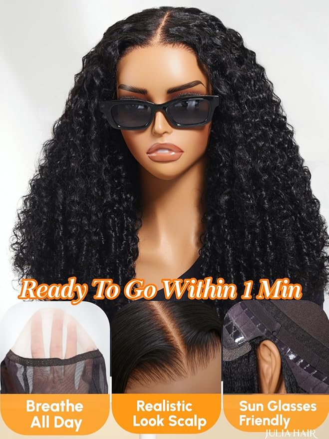 Julia Hair 7x5 Lace Water Curly Texture Wig With Finger Coil Ends Glueless Wigs Human Hair Put On and Go Invisible Lace Pre Plucked Pre Cut Bleached Knots Natural Hairline 24 Inch