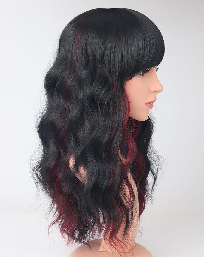 Burdundy-Black Hair Wavy Wigs With Bangs For Women Synthetic Black Hair With Red Undertones Wigs For Daily Use Everyday Wear.