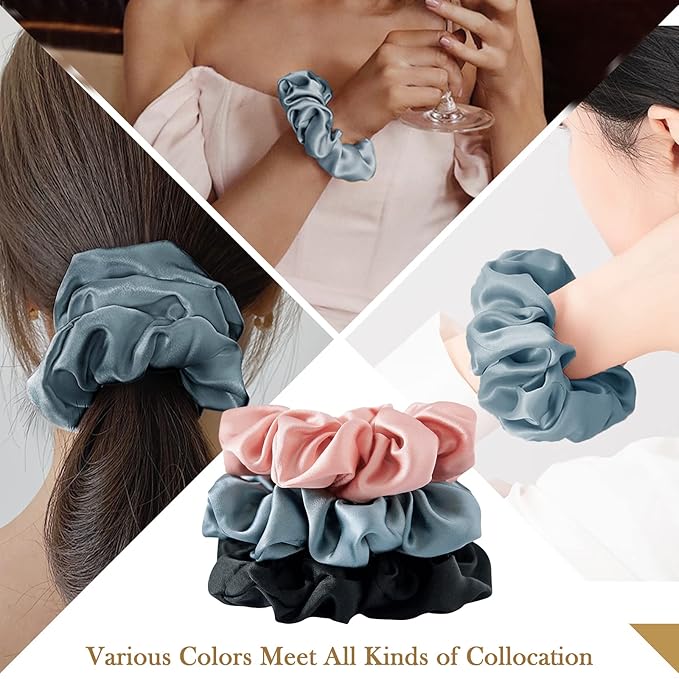 Mulberry Silk Hair Scrunchies, 3 Count, 100% Silk, No Damage for Frizz Prevention, Sleep and Night Scrunchie, Hair Accessories for Women (Black, Haze Blue, Rubber Red)