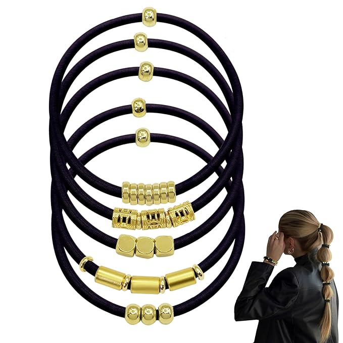 Black Bracelet Hair Ties for Women,5 Pack Cute 3mm Thick Elastic Ponytail Holders Accessories No Damage Stretchy Beaded Pony Tails Hair Tie with Gold Metal Charms Beads