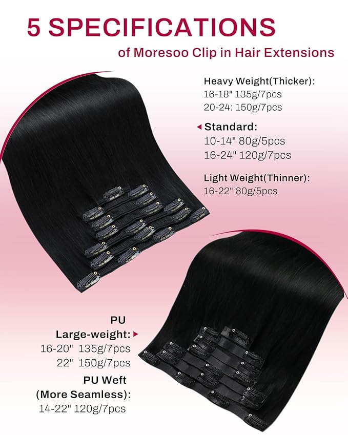 Moresoo Jet Black Human Hair Clip in Extensions Seamless Pu Skin Real Hair Extensions Clip in Human Hair Black Invisible for Women Thick And Long 150g/7pcs 22inch