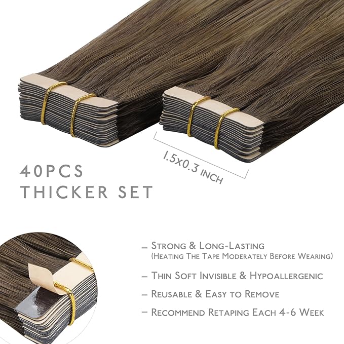 Wennalife Tape in Hair Extensions Human Hair, 40pcs 100g 22 inch Balayage Chocolate Brown to Caramel Blonde Hair Extensions Real Human Hair Straight Tape in Extensions Reusable Real Hair Extensions