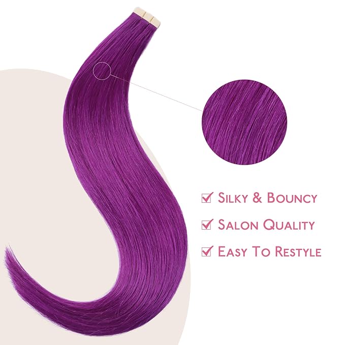 WENNALIFE Tape in Hair Extensions Human Hair Purple Tape in Extensions, 10pcs 25g 14 inch Remy Invisible Tape Ins Straight Colored Soft Real Human Hair Tape in Extensions Refill Set Extensions