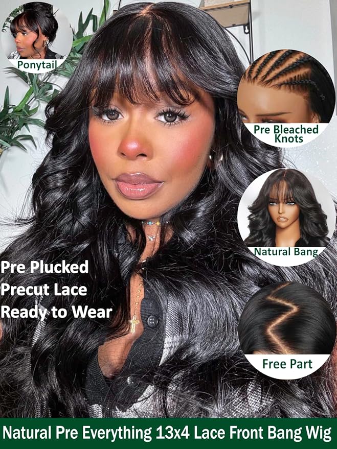 KLAIYI Pre Everything Glueless 13x4 Lace Front Wigs Human Hair Loose Body Wave Bye Bye Knots Pre Cut Lace Pre Bleached Pre Plucked 30S Ready to Wear And Go Frontal Wig with Natural Curtain Bang 26Inch