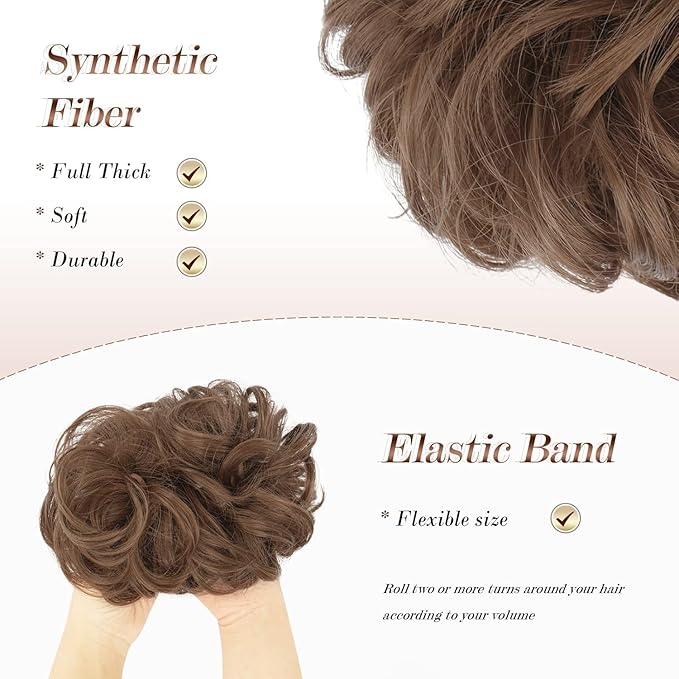 FESHFEN Messy Bun Hair Piece - Elastic Wavy Curly Hair Bun Scrunchies Extensions Synthetic Chignon Hairpieces for Women Girls, Medium Auburn 1.5 oz