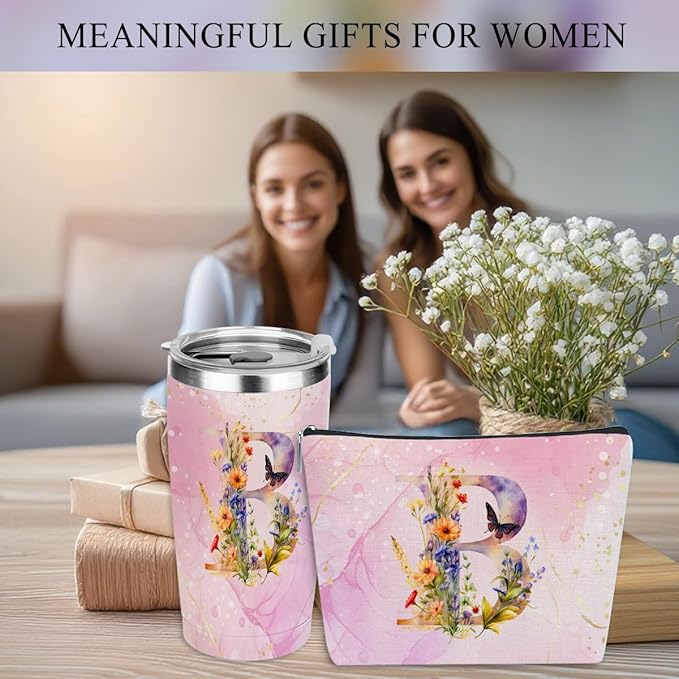 Personalized Gifts Monogrammed Birthday Gifts for Women, Cowerker Mom Boss Day Christmas Initial 20 oz Tumbler, Makeup Bag Cup Ballpoint Pens Journal Notebook 6 Set, (Aesthetic Pink Flower B)