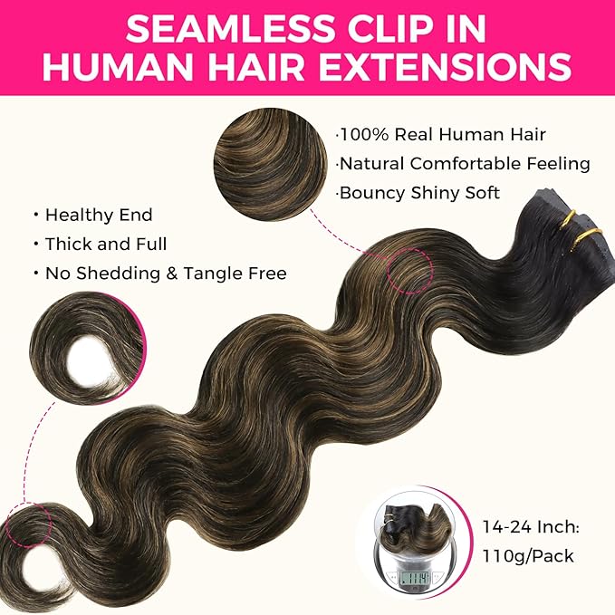 Lashey Seamless Clip in Hair Extensions Human Hair Natural Black Mixed Chestnut Brown 110g 7pcs 18 Inch Body Wave Hair Extensions Clip ins with PU Weft Soft Invisi Edge