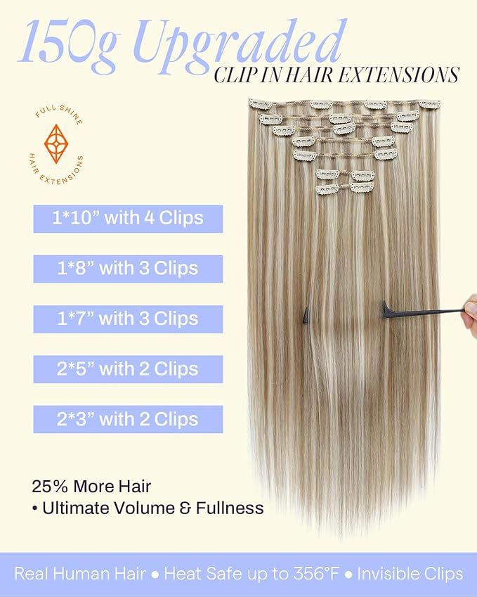 Full Shine Human Hair Clip in Extensions Highlights 24 Inch Golden Blonde Mix Light Blonde Clip in Real Hair Extensions for Women 7 Pcs 150 G