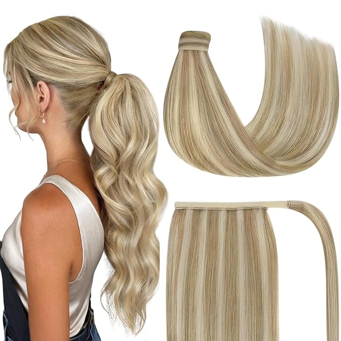 Ve Sunny Hair Extensions Ponytail Real Human Hair Wrap Around Clip in Ponytail Hair Extensions Straight Extensions Human Hair for Women Light Brown 16inch 80G