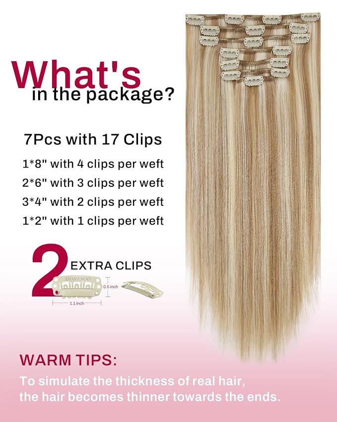 Moresoo Blonde Clip in Hair Extensions Highlights Remy Double Weft Human Hair Clip in Extensions Dark Ash Brown with Golden Blonde Full Head 7pcs 120g 22inch