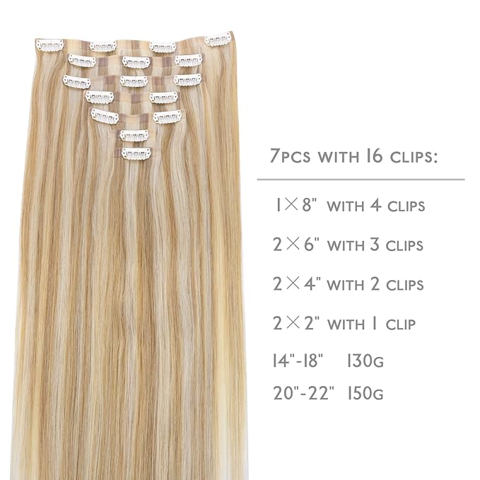 WENNALIFE Seamless Clip In Hair Extensions, 18 Inch 130g 7pcs Dirty Blonde Highlighted Bleach Blonde Hair Extensions Clip in Human Hair Invisible PU Skin Weft Natural Remy Human Hair Extensions