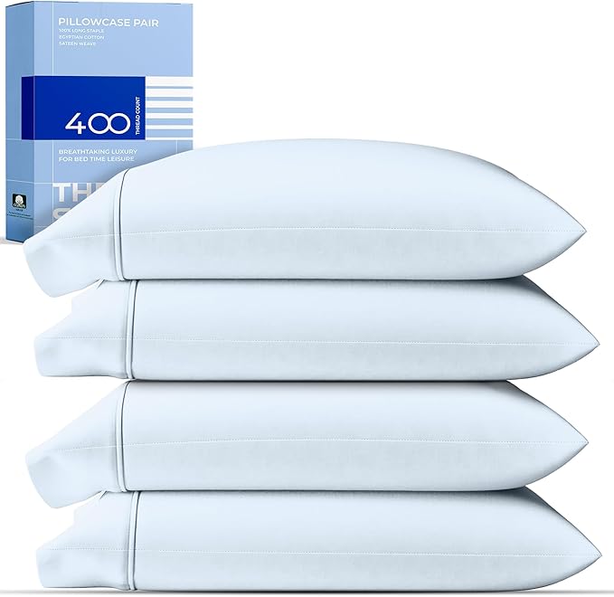 THREAD SPREAD 100% Cotton Pillowcases Standard/Queen Size Set of 4-400 Thread Count Cotton Pillowcases, Ultra Soft Cool Sateen Weave Pillow Cases for Sleeping, Set of 4 Pillow Covers (Light Blue)