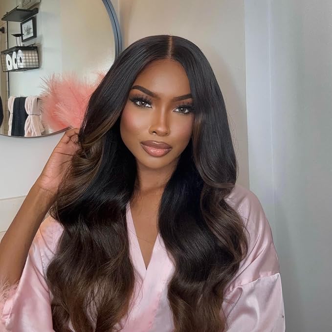 Julia Hair Chestnut Brown Ombre Yaki Straight 7x5 Pre Cut HD Lace Put On and Go Wig Bye Bye Knots Glueless Human Hair Wigs with Invisi Drawstring Pre Plucked Bleached Knots Beginner Friendly 22 Inch